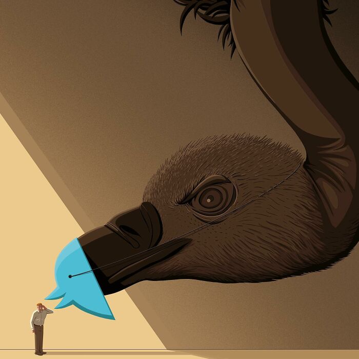 Thought-provoking illustrations by Stephan Schmitz: A small man looking up at a giant vulture with a social media bubble in its beak.