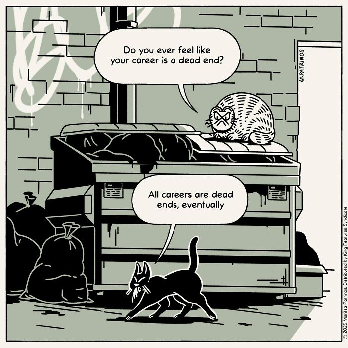 A comic where cats with jobs are sitting on and next to a dumpster, discussing career d**d ends.