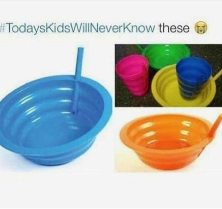 Images of colorful plastic cereal bowls with built-in straws and crinkled plastic cups, items '90s babies used.