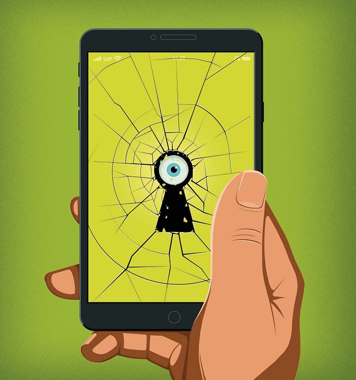 Broken smartphone screen with an eye looking through a keyhole illustration