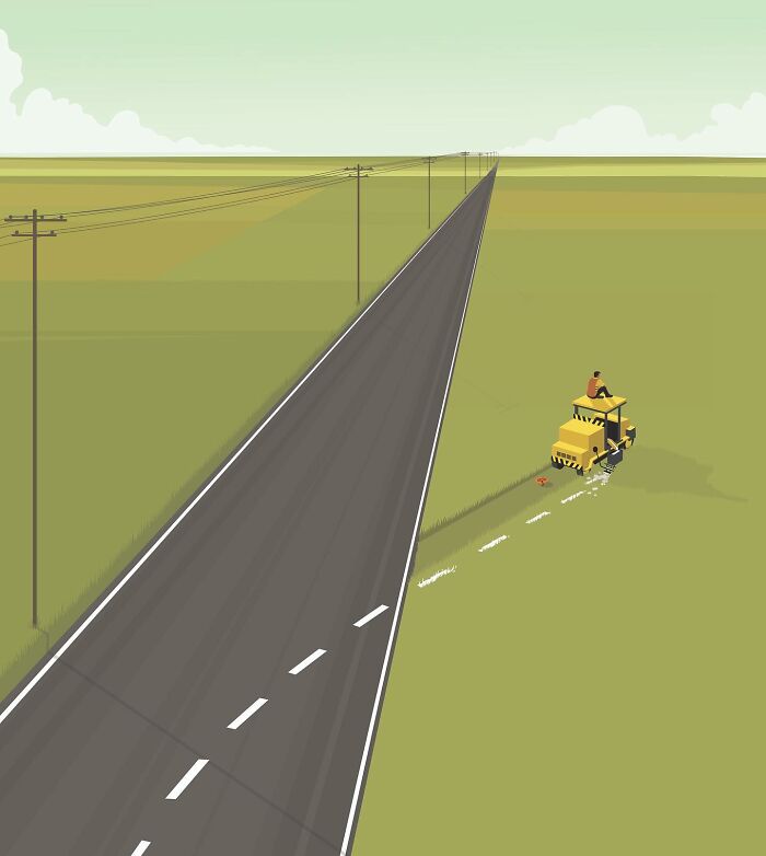 Honest illustration by Stephan Schmitz showing a man mowing a long, straight road, symbolizing aspects of our lives.