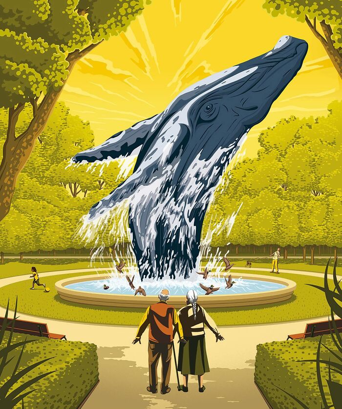 Thought-provoking illustration: a whale statue bursts from a fountain in a park, observed by an elderly couple.
