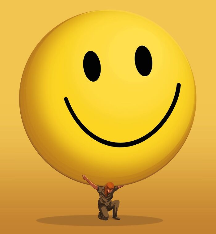 Thought-provoking illustrations by Stephan Schmitz: A person kneeling, struggling to hold up a giant smiley face emoji.