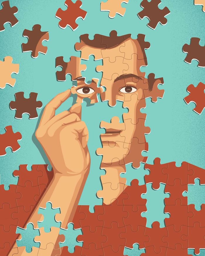 A Stephan Schmitz illustration showing a person made of puzzle pieces, holding an eye piece to fit into their face.