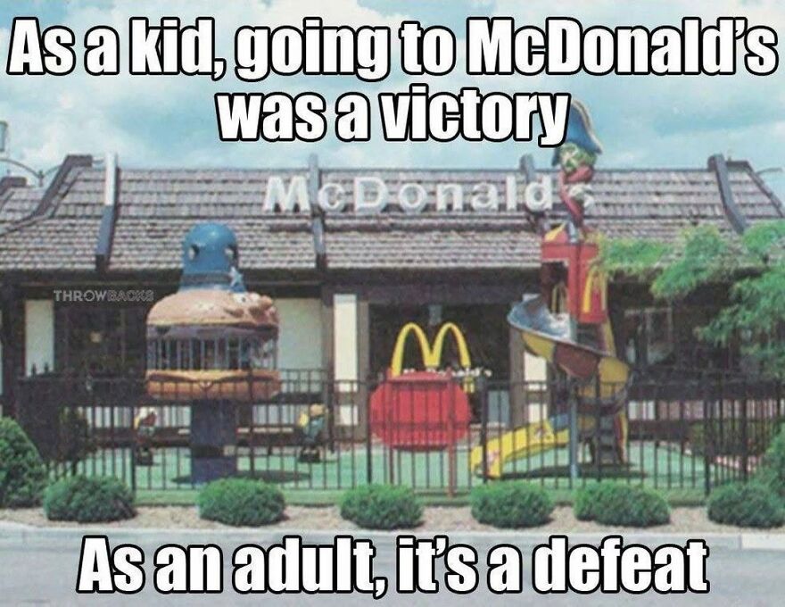 A retro McDonald's with outdoor play equipment, a common memory for '90s babies.