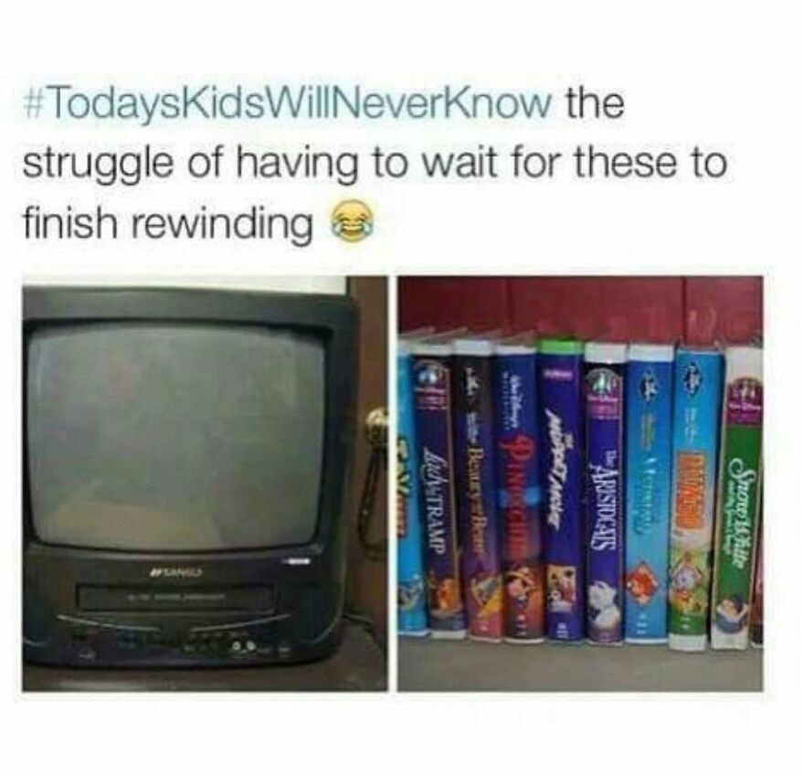 A classic TV and a collection of VHS tapes, a '90s babies memory of waiting for movies to rewind.