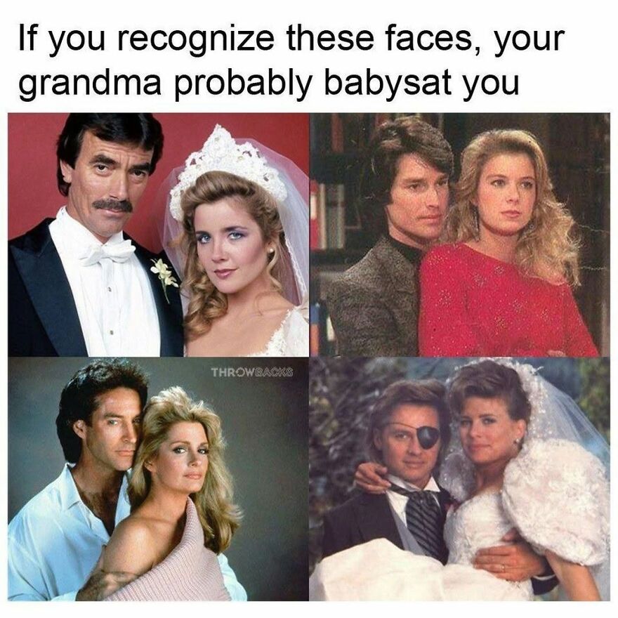 A collage of four images featuring iconic soap opera couples, easily recognized by 90s babies.