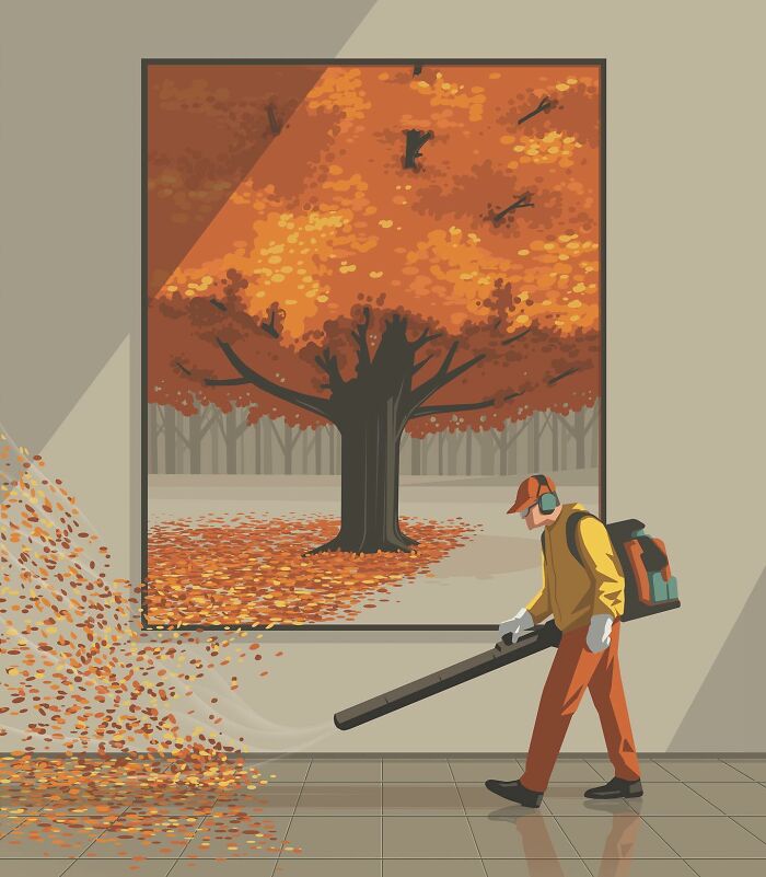 Honest illustration by Stephan Schmitz depicting a man using a leaf blower to clear leaves from a painting of a tree.