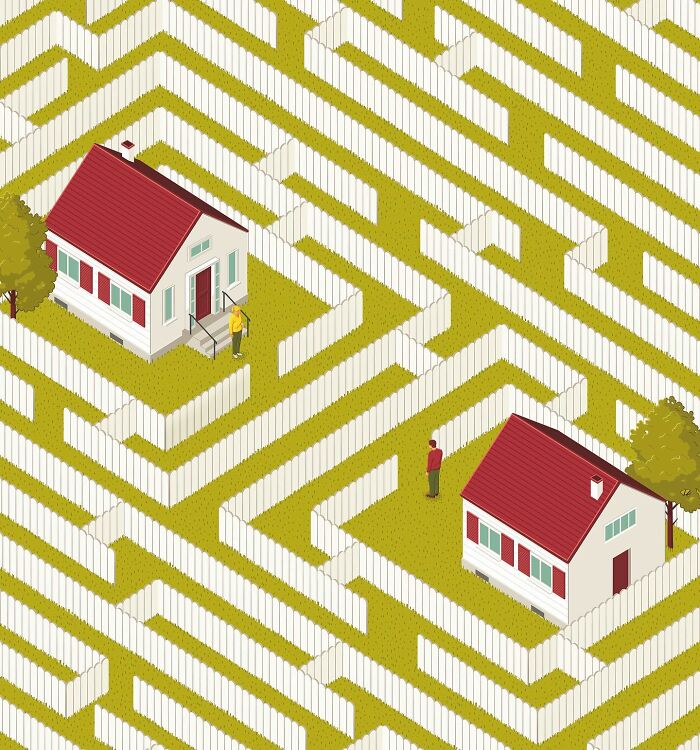 Thought-provoking illustration: two houses trapped in an intricate maze of fences, symbolizing the complexities of our lives.