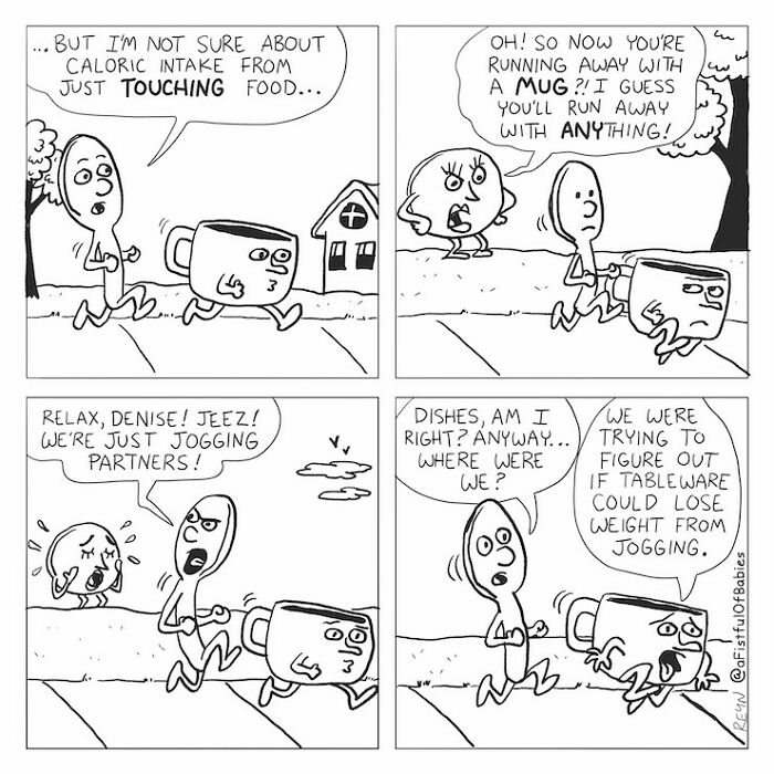 Funny cartoon: Spoon, mug, and a worried bowl run, debating caloric intake from touching food and jogging.