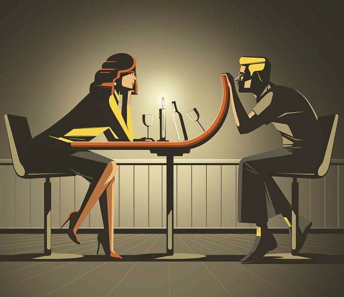 Thought-provoking illustrations by Stephan Schmitz: A couple on a date with a dividing barrier between them.