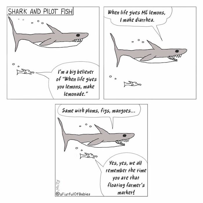 Funny cartoon: A shark and pilot fish discuss life, lemons, and digestive issues in an absurdly funny way.