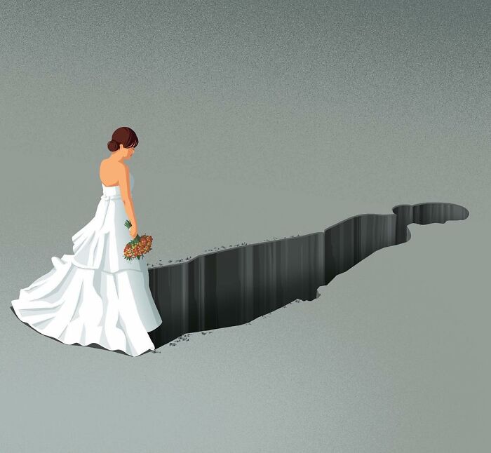 Honest illustration by Stephan Schmitz of a bride standing at the edge of a deep chasm, symbolizing challenges in our lives.
