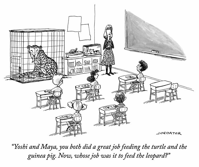 A cartoonist's brilliant single panel of a teacher asking about feeding a leopard in a classroom, capturing everyday absurdity.