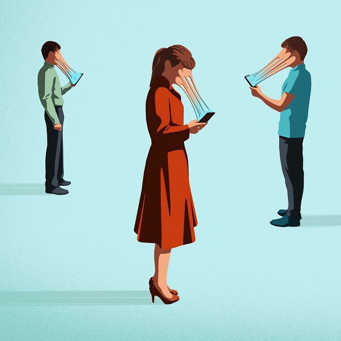 Honest illustrations by Stephan Schmitz: people's faces pulled into phones by glowing screens.