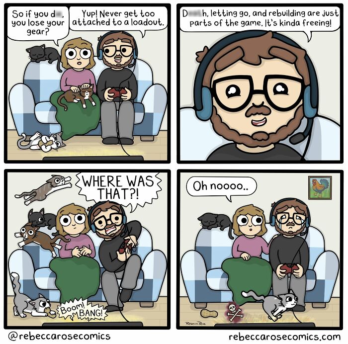 Rebecca Rose comics showing gaming mishaps and awkward moments with cats, creating laugh-out-loud situations.