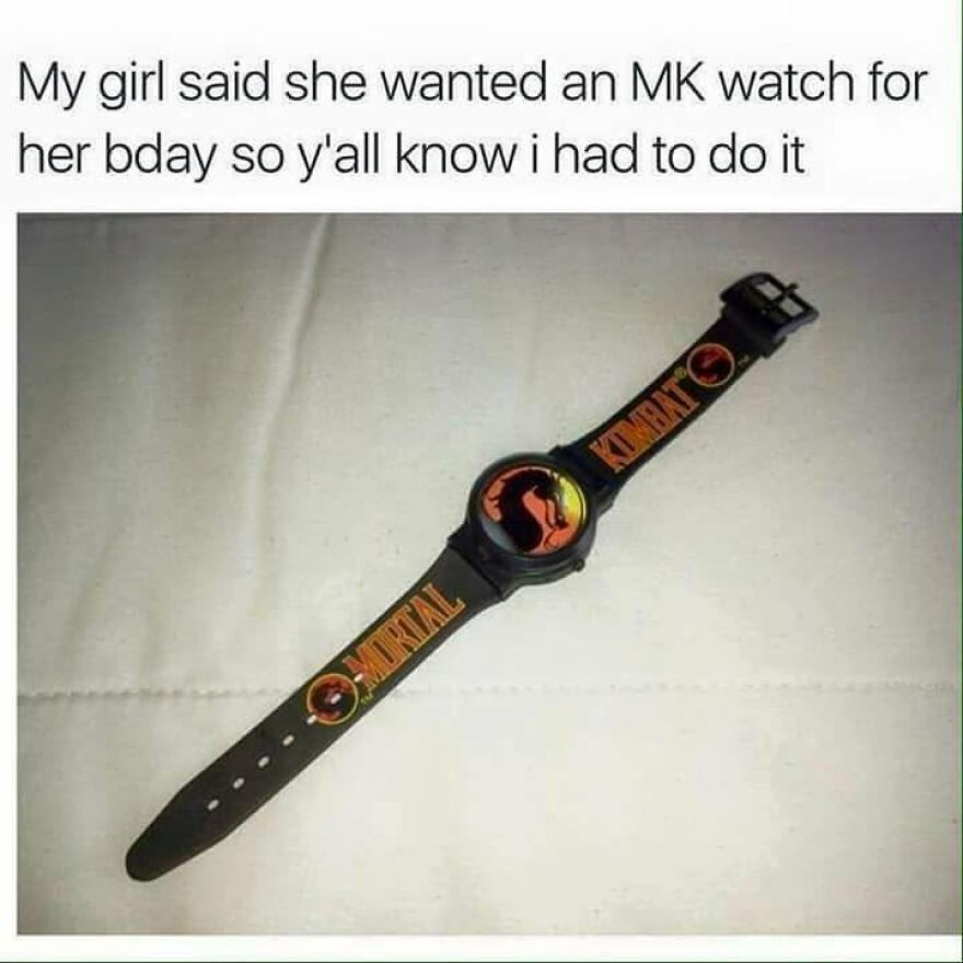 A black Mortal Kombat watch, a humorous gift that '90s babies might remember.