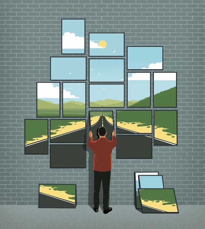 Honest illustration by Stephan Schmitz shows a man arranging framed road and landscape images on a brick wall.