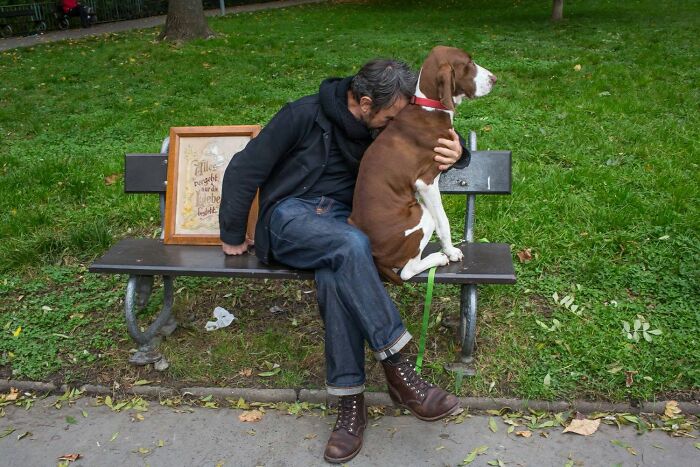 Serendipitous moments: A man hugs his dog on a park bench next to a framed picture, captured by a street photographer.