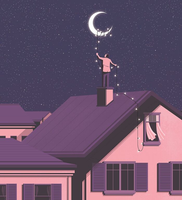 Stephan Schmitz illustration of a person on a rooftop hanging string lights on the crescent moon, representing hope.