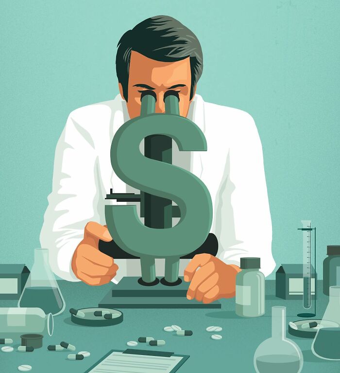 Thought-provoking illustration by Stephan Schmitz of a scientist looking through a microscope at a dollar sign.