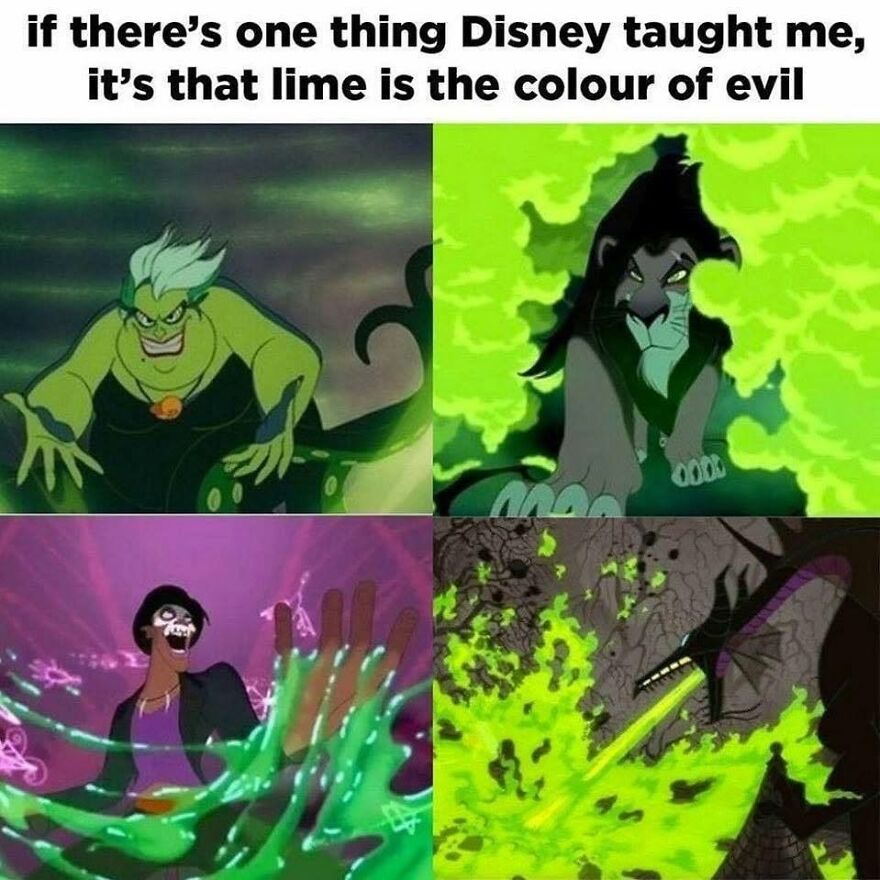 A meme displaying four Disney villains surrounded by lime green, a visual 90s babies recognize.