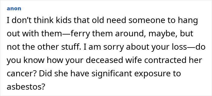 A Reddit comment asking about the deceased wife's cancer, in the context of dad hiring a nanny. A Reddit comment asking about the deceased wife's cancer, in the context of dad hiring a nanny.
