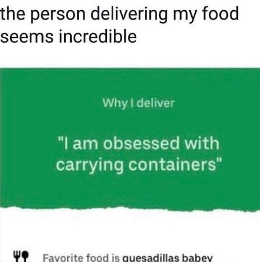 A hilariously unhinged screenshot from a food delivery app, showing a delivery person's quirky preferences.