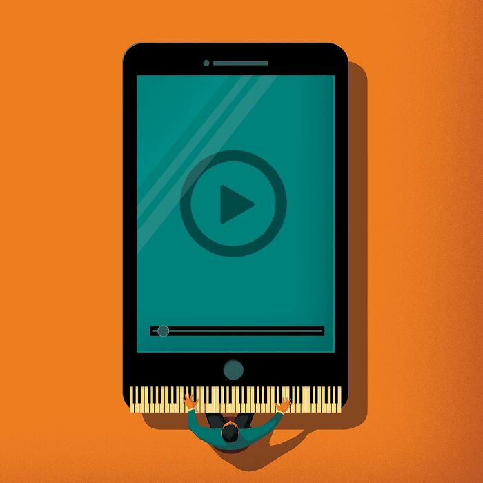 A Stephan Schmitz illustration of a person playing a piano keyboard at the bottom of a large smartphone.