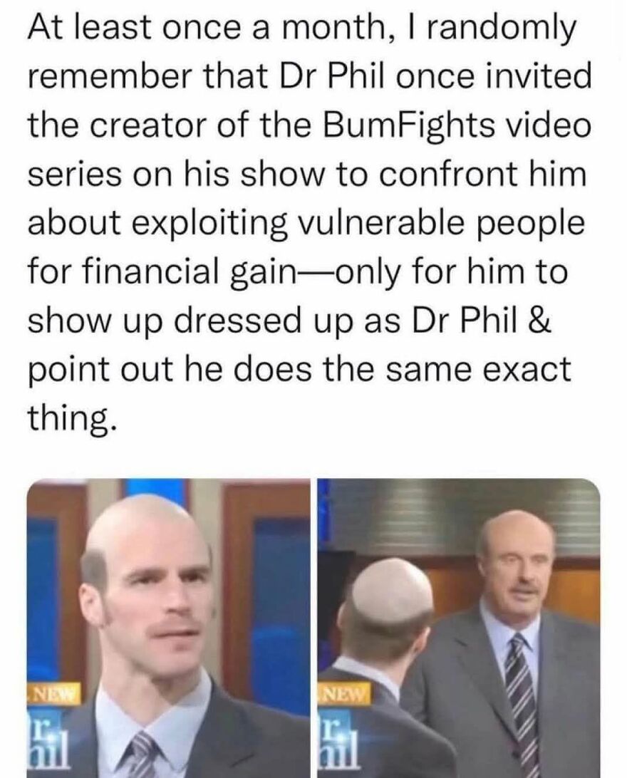 A side-by-side image of Dr. Phil and a man dressed as him, a memorable TV moment for 90s babies.