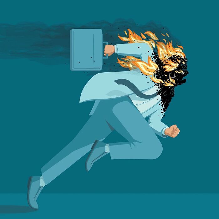 Thought-provoking illustration by Stephan Schmitz of a businessman on fire, running with a briefcase.