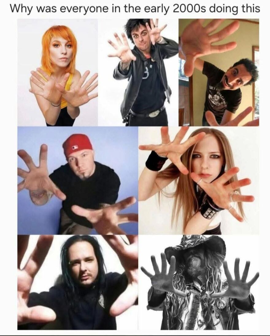 A grid of famous musicians from the early 2000s, like Hayley Williams and Billie Joe Armstrong, posing with outstretched hands, a trend '90s babies will remember.