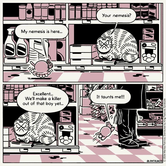 A comic with cats that have jobs, showing one cat plotting against a small rodent in a store aisle.