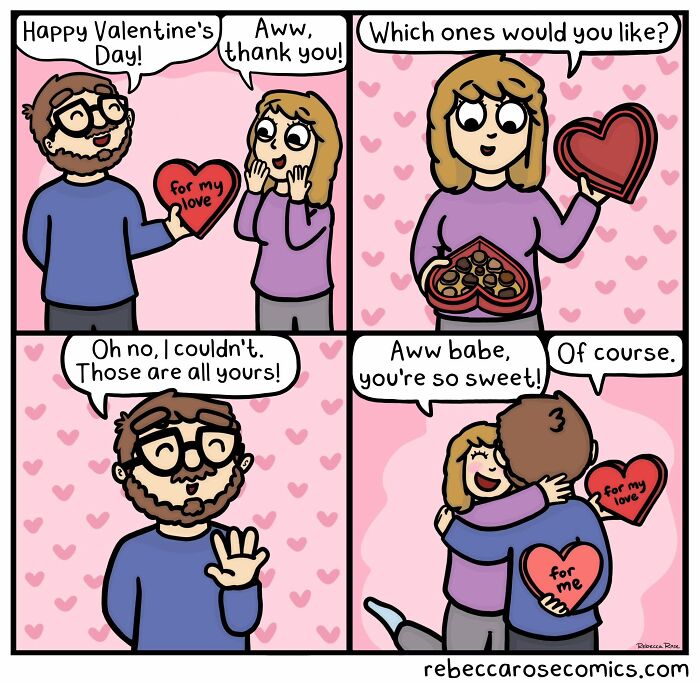 Rebecca Rose comics depicting awkward Valentine's Day moments turned into laugh-out-loud situations for a couple.