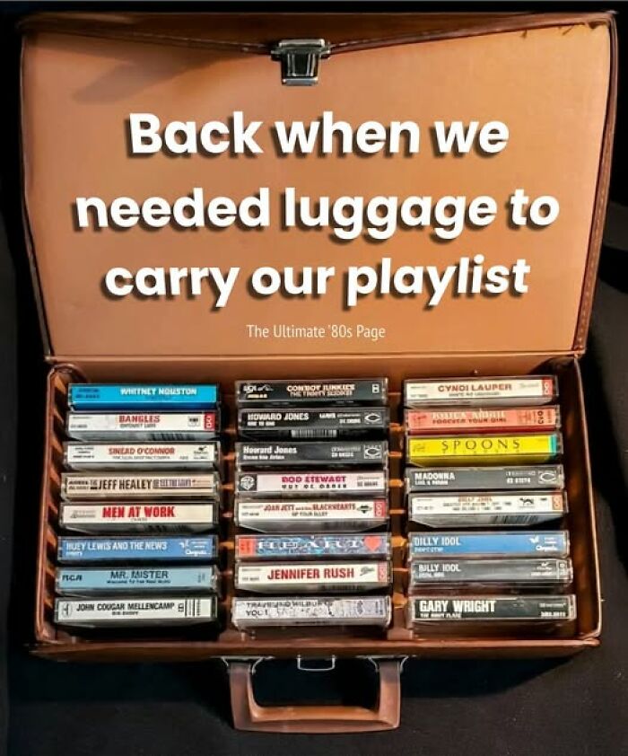 Nostalgic Gen X memes with a suitcase full of cassette tapes, representing a playlist.
