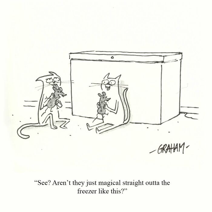 A delightfully weird cat comic with two cats happily holding frozen mice, perfectly capturing why felines rule.