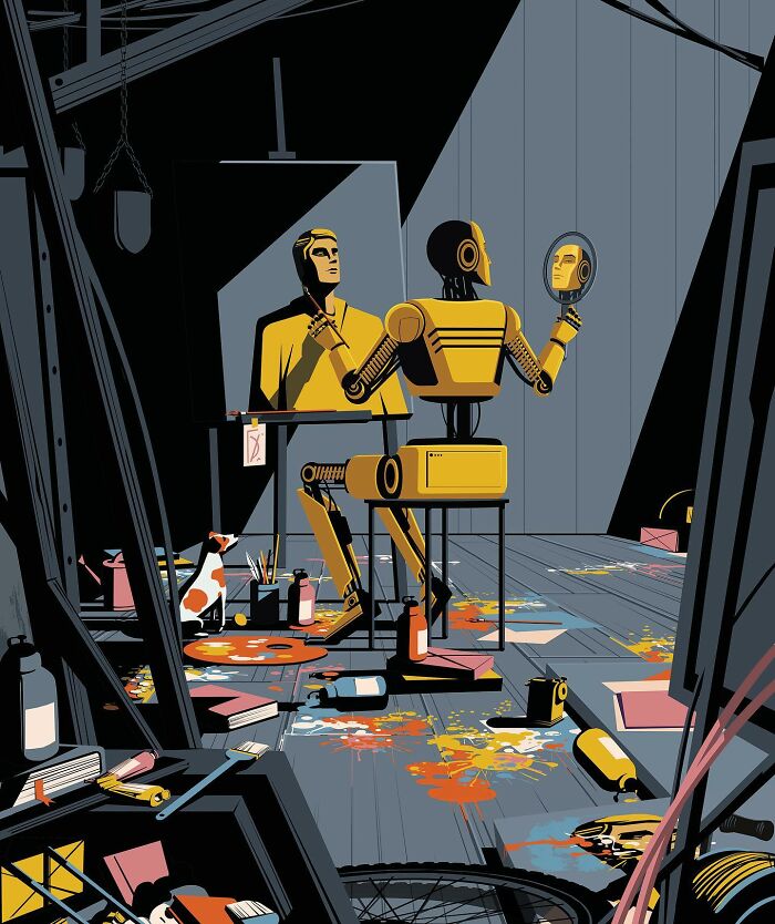 Stephan Schmitz's illustration of a robot artist painting a self-portrait with a human face, reflecting on art and life.