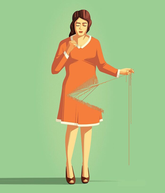 Honest illustration by Stephan Schmitz of a woman unraveling her dress into yarn, revealing her shape.