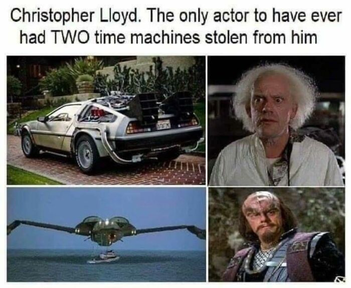 A collage of Christopher Lloyd, a DeLorean, and a Klingon ship, a meme about superior decades of the 80s and 90s.