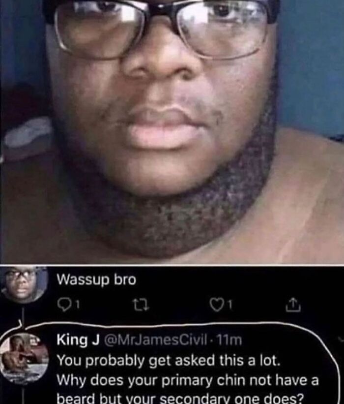 A funny meme showing a man with a thick beard on his neck, with a tweet asking about his primary vs. secondary chin.