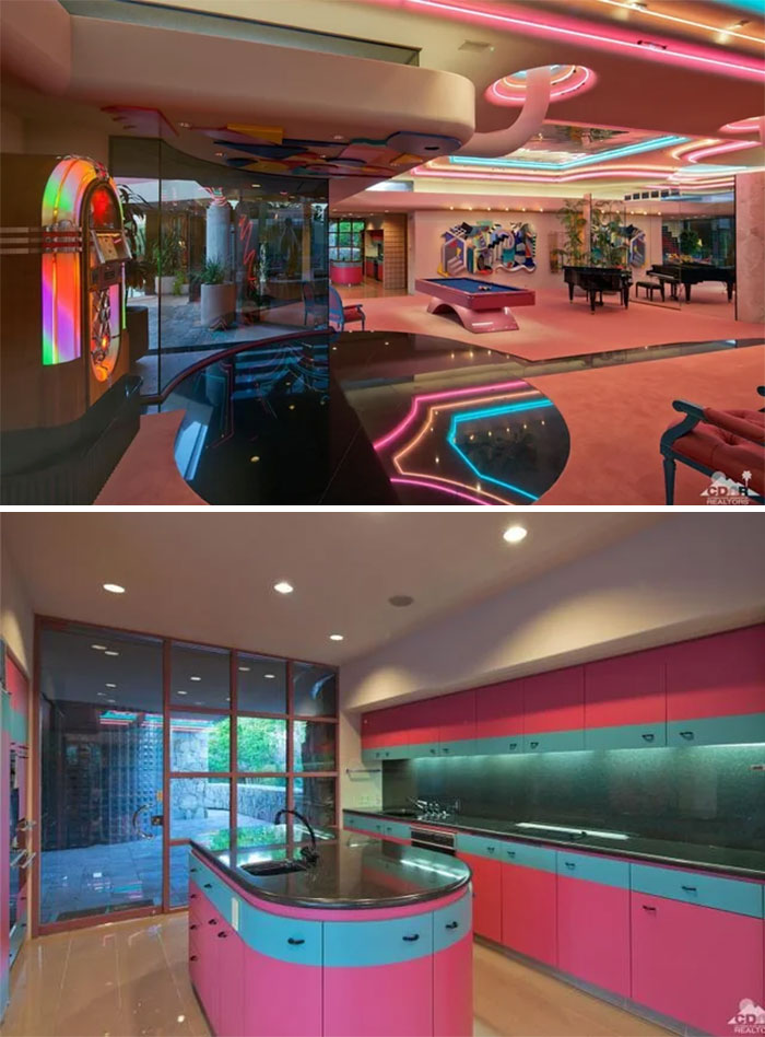 Top: A vibrant room with neon lights, a jukebox, and modern furniture; Bottom: A kitchen with pink and blue cabinetry, showcasing 1970s and 1980s interior design.