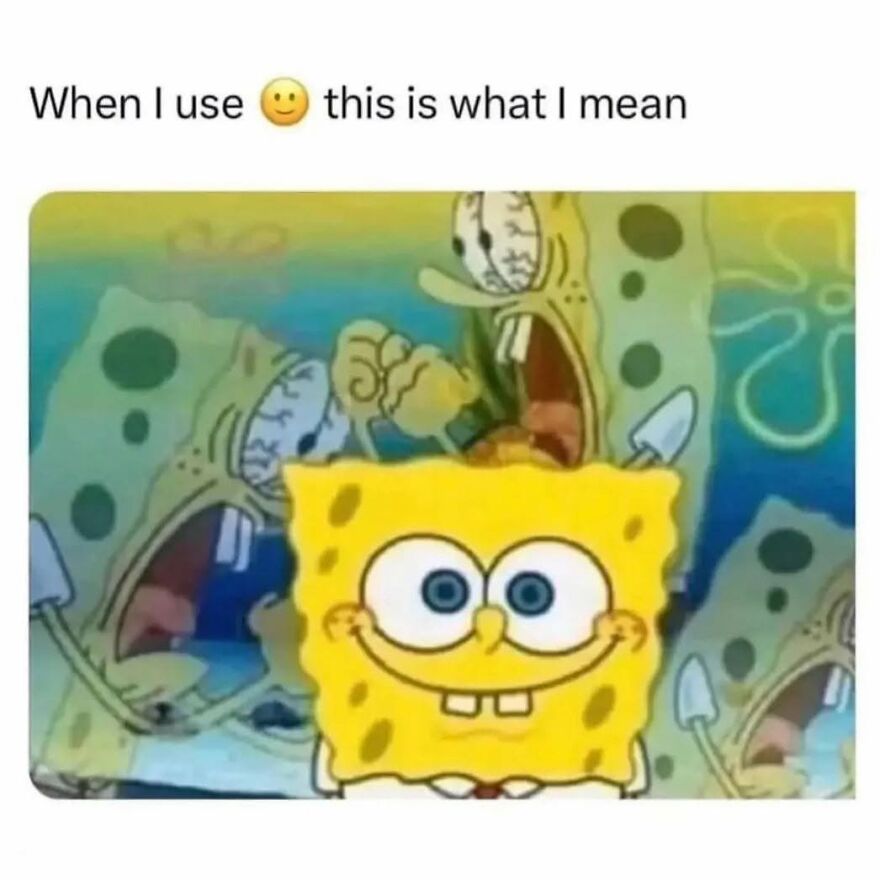 Spongebob Squarepants looking happy while other Spongebobs scream, a classic meme that 90s babies remember.