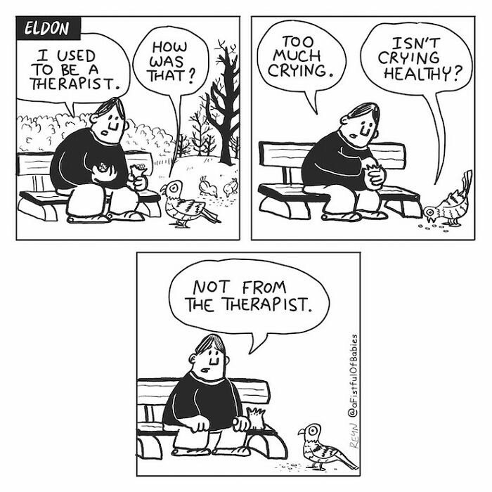 Funny cartoon: Eldon sits on a park bench, talking about his therapist and crying with birds nearby.