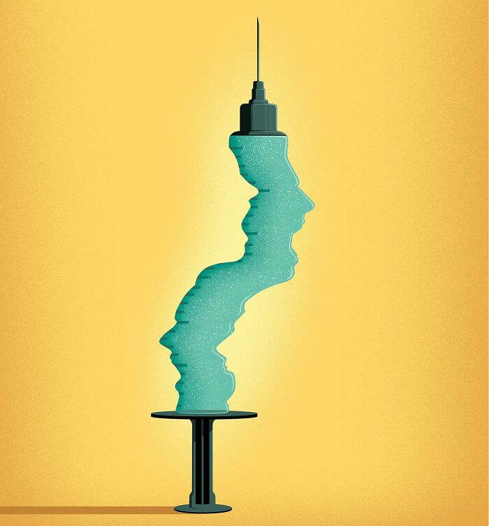 A Stephan Schmitz illustration showing a syringe with human faces as the liquid.