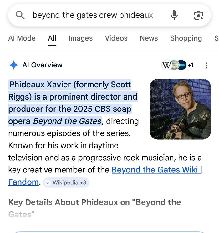 A Google search result displaying information about a director named Phideaux Xavier, highlighting unusual names.