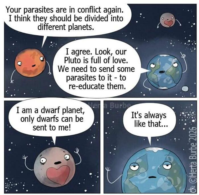 Herta Burbė comic illustration: Planets debate sending 'parasites' to Pluto for re-education, in a space scene.