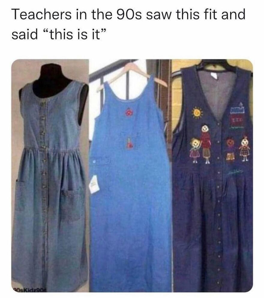 Three denim dresses hanging, showcasing the popular fashion style that '90s babies and teachers might remember.