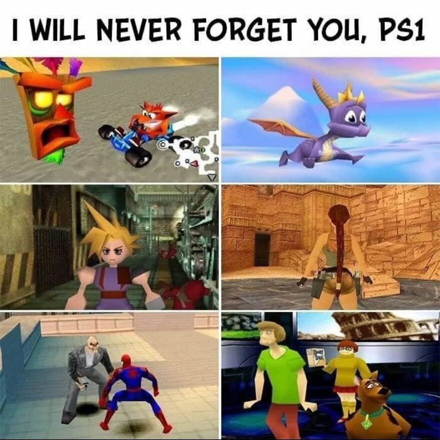 A collage of classic PS1 games including Crash Bandicoot, Spyro, Final Fantasy, Lara Croft, Spider-Man, and Scooby Doo that '90s babies remember.