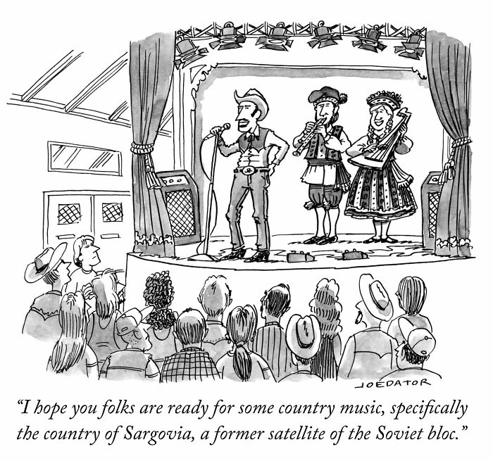 A cartoonist's brilliant single panel of country music performers from Sargovia on stage, capturing everyday absurdity.