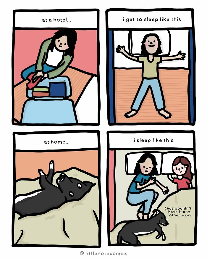 An artist illustrates cute comics featuring relationship quirks, contrasting sleeping alone in a hotel with sleeping at home with a partner and dog.